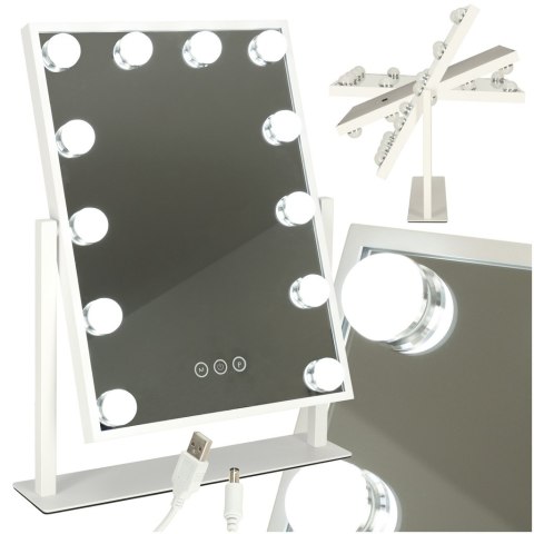 Lusterko do makijażu kosmetyczne podświetlane 12 LED Hollywood z 12 żarówkami USB 30 x 40 cm Kik Sp. z o. o. Sp. k.