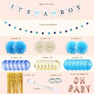 Zestaw balonów i rekwizytów na Baby Shower- "IT'S A BOY" HaloFuture