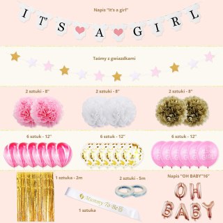 Zestaw balonów i rekwizytów na Baby Shower- "IT'S A GIRL" HaloFuture