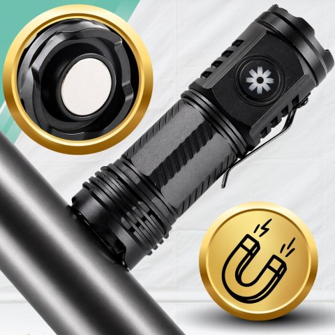 Mocna Latarka LED Taktyczna Akumulatorowa USB-C Survival Z MAGNESEM ŚWIATŁO BOCZNE
