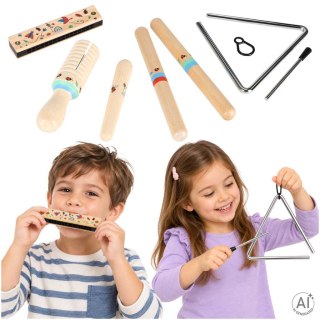 Instrumenty drewniane muzyczne dla dzieci trójkąt pałeczki harmonijka ustna tarka Kik Sp. z o. o. Sp. k.
