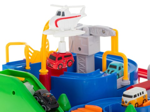 Tor przeszkód interaktywny samochodowy wyścigi parking 4 pojazdy auto autobus radiowóz wóz strażacki helikopter 24x24cm XL Kik Sp. z o. o. Sp. k.